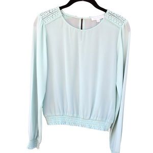 Socialite Small Top Mint Green Shirt Sheer Blouse Crochet Keyhole Neckline